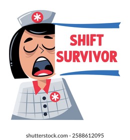 A flat sticker of tired nurse with shift survivor typography 