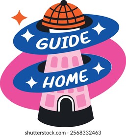 A flat sticker of a tower with guide home typography