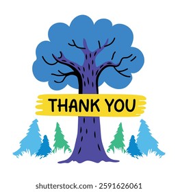 A flat sticker of a tree with thank you typography