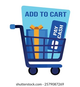 A flat sticker of a trolley with a gift box, a credit card, and the text add to cart 