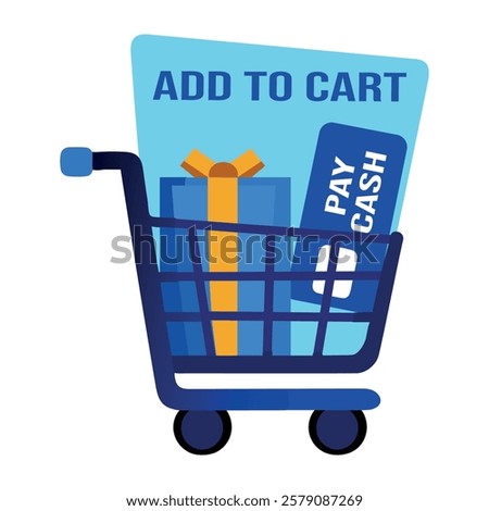 A flat sticker of a trolley with a gift box, a credit card, and the text add to cart 