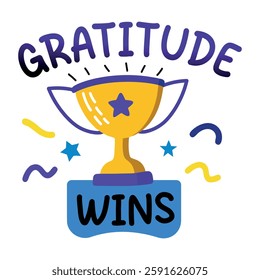 A flat sticker of a trophy with gratitude wins typography