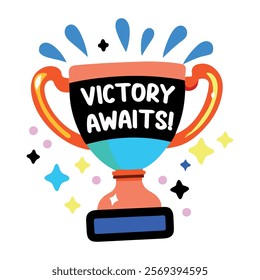 A flat sticker of a trophy with victory awaits text written on it 