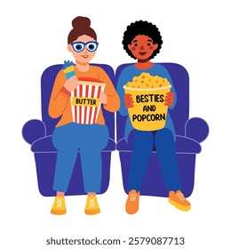 A flat sticker of two besties watching movie and eating popcorns 