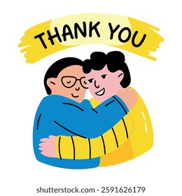 A flat sticker of two character hugging with thank you typography