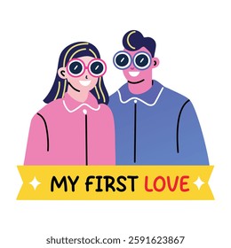 A flat sticker of two characters with my first love typography