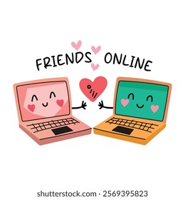A flat sticker of two cute laptop characters with online friends typography 