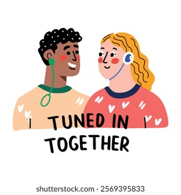 A flat sticker of two friends listening music together with shared handsfree