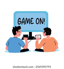 Flat sticker of two friends playing together, with the words game on displayed on a screen