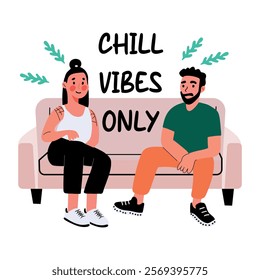 A flat sticker of two friends sitting on sofa with chill vibes only typography 