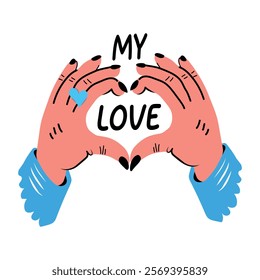A flat sticker of two hands forming a heart shape, with the word love in the middle