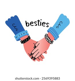 A flat sticker of two hands holding each other with besties typography