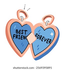 A flat sticker of two heart lockets with best friend forever text 