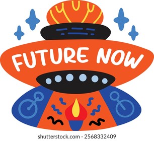 A flat sticker of an ufo with future now typography