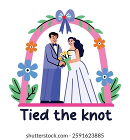 A flat sticker of wedding couple with tied the knot typography