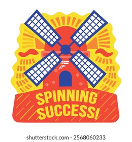 A flat sticker of a windmill with spinning success typography