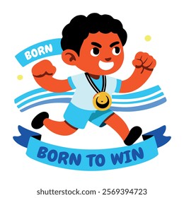 A flat sticker of a winner character wearing gold medal 