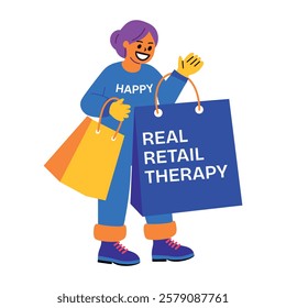 A flat sticker of a woman carrying shopping bags with retail therapy typography