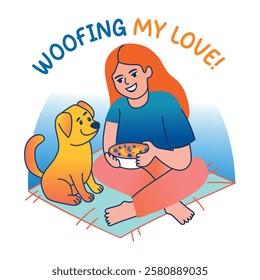 A flat sticker of a woman giving food to her pet with woofing my love typography 
