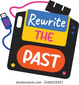 A flat sticker of writing pad with rewrite the past lettering on it