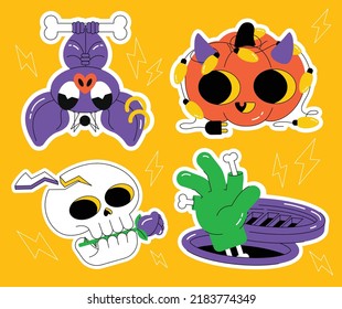 Flat Stickers Halloween. Skull. Pumpkin. Zombie. Bat.