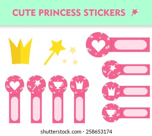 Flat stickers set. Princess icons - gold crown, wand, white teacup, heart. Elements for design. Shabby chic style with floral print - pink flowers and leaves. Long stickers for notes. Bookmark. 