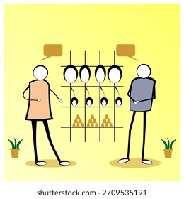 A flat stickman illustration showing two characters discussing in front of a product display shelf. The scene represents retail sales consultation, customer interaction, store management