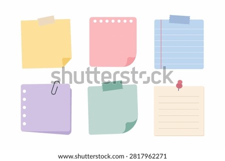Flat sticky note icon set with memo paper, notepad, notebook sheet and reminder notes. Minimal pastel stationery collection isolated on white background.