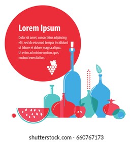 Flat still life with a bottle of wine, template for advertising design