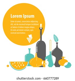 Flat still life, wine and fruit, template for advertising design