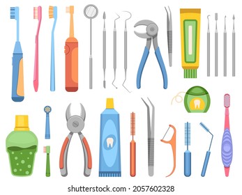 Flat stomatology clinic equipment, dentist tools, toothbrushes and mouthwash. Mouth and teeth, oral care professional instruments vector set. Dentistry healthcare equipment for problem prevention