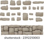 Flat stones, set of original, designer, flat stones and stone wall isolated on white background. Vector illustration. Vector.