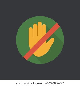 Icono de mano de parada plana con signo de prohibición para advertencia, reglas de seguridad, precaución de peligro e ilustración de acción prohibida en estilo de Vector colorido moderno