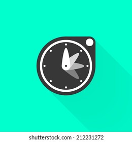 Flat stopwatch. Black timer symbol, with long shadow, on green background. Use for card, poster, brochure, banner, web. Easy to edit. Vector illustration - EPS10.