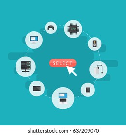 Flat Storage Device, Laptop, Amplifier And Other Vector Elements. Set Of Laptop Flat Symbols Also Includes Laptop, Phone, Controller Objects.