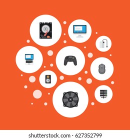 Flat Storage Device, Laptop, Display And Other Vector Elements. Set Of Notebook Flat Symbols Also Includes Datacenter, Computer, Server Objects.