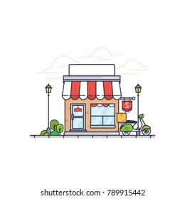 Flat store building with scooter. Vector shop or market. Flat cartoon style shop facade front view. Vector illustration