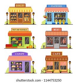 Flat store. Modern shop, boutique shopfront and restaurant building facade design of cafe, flower boutique. Shopping retail urban stores modern market exterior cartoon illustration isolated icon set