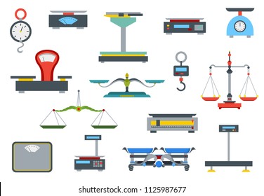 Pesador de almacén plano. Colección de básculas electrónicas y mecánicas para tienda. Objetos de venta comercial. Medición de los productos de compras. Aislado en ilustración vectorial blanca