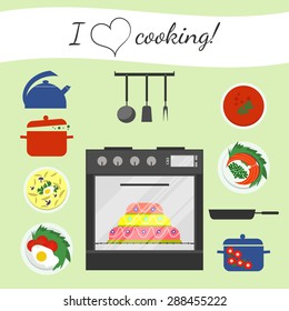 Flat stove and some kitchenware, food for dinner or lunch. Soup, fish, fried eggs. Saucepan, pot, kettle, frying pan, meal. Big sweet cake in stove.
