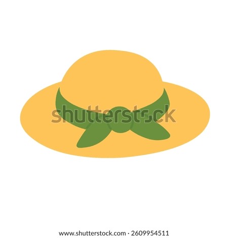 Flat straw hat with wide brim and green ribbon. Cute summer doodle for picnic design.