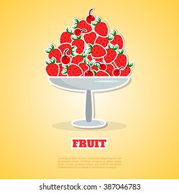 Flat strawberries and cherry in bowl . Vector illustration. Sweet dessert. Healthy eating. Fruit plate.