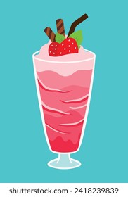 Flat strawberry drink. Refreshing drinks : strawberry milkshake, smoothie, milk, yogurt summer and valentines day drink cute cartoon vector illustration isolated