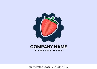 Flat strawberry fruit and gear mechanical engineering logo icon template vector design illustration