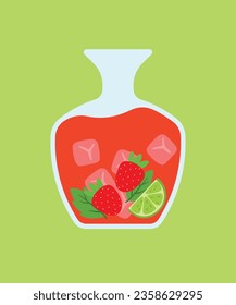 Flat Strawberry Mojito cocktails. Refreshing drinks : Mojito with lime, strawberry, ice cube and mint leaves. Cartoon Vector illustration. The concept of drinks