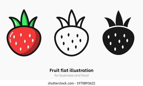 Flat strawberry vector set. Summer red fruit in flat style for garden and diet. Sweet strawberry icon set for dessert and health with black outline isolated on white background