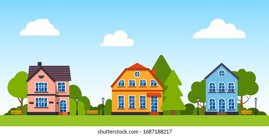 Flat street with houses panoramic horizontal banner cartoon. Urban small town landscape green trees, bush, clouds, lantern. City outdoor. Suburban village neighborhood. Cityscape Vector illustration