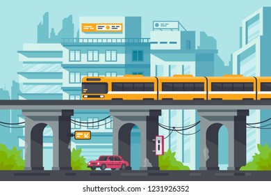Flat street with road and car under elevated metro with electric train. Concept public and personal transport. Vector illustration.