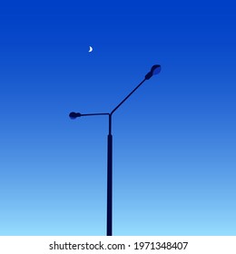 Flat Streetlight Silhouette On A Blue Background At Night In The Evening Under The Moon In The City Or In The Park.