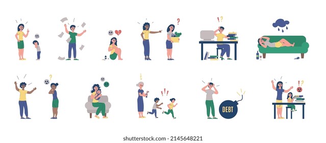 Icono de personas de estrés plano con diferentes situaciones que causan estrés en una ilustración de vector de persona